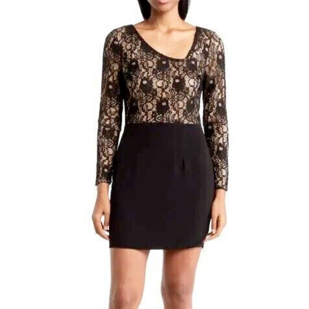 DRESS THE POPULATION CHANTE LONG SLEEVE BLACK MULTI MINI DRESS sz M